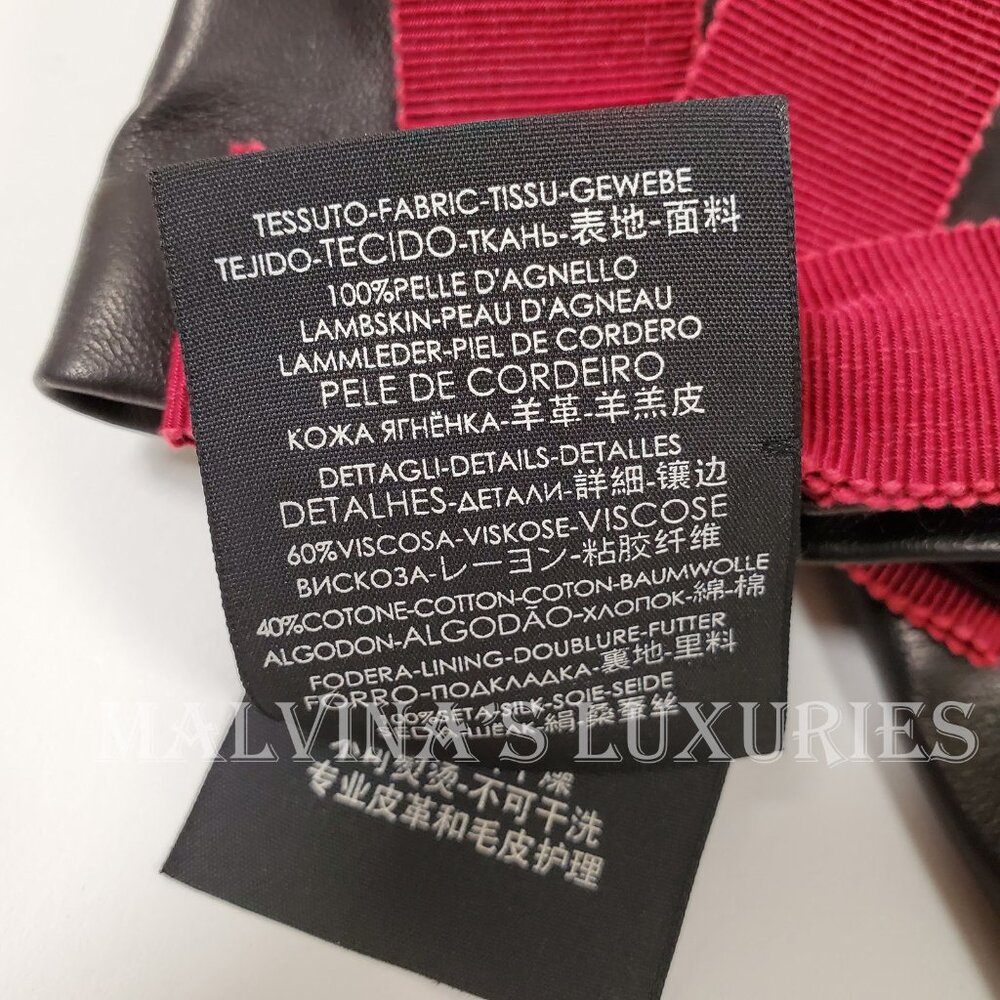 GUCCI GLOVES 434223 BLACK LEATHER GROSGRAIN BOW G LOGO sz S / 7 - Picture 12 of 16